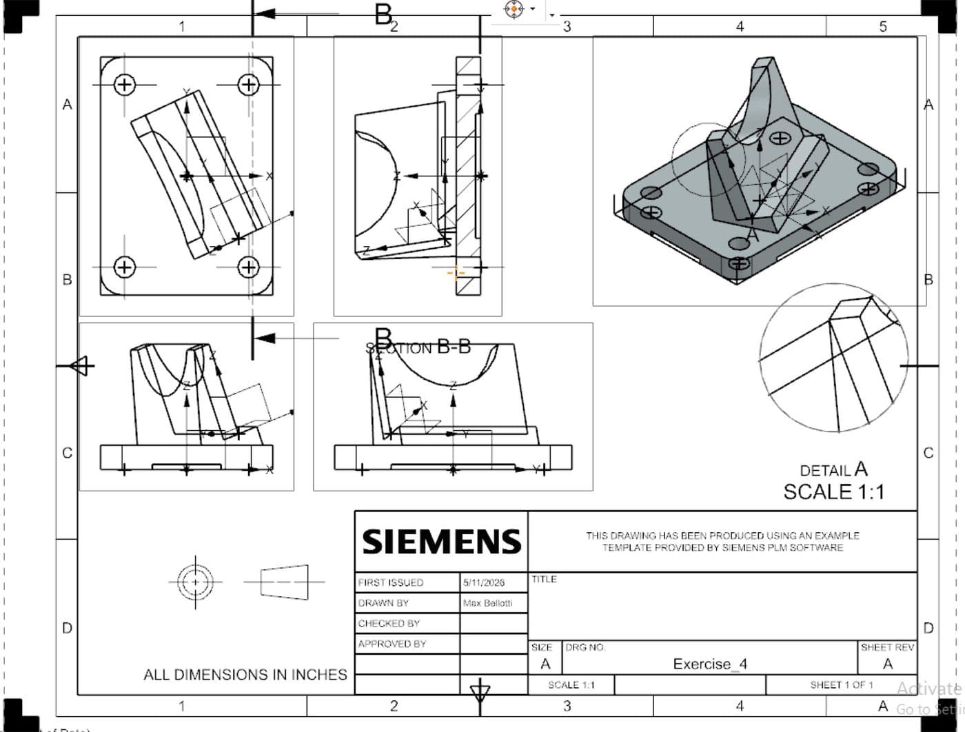 A full Siemens NX drawing sheet with title block: four orthographic views, a section B-B, a shaded isometric and a detail A at 1:1, dimensioned in inches on an A-size border.